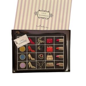 NEW IN BOX LUX vintage Lulu Guinness Black Satin Pouch with Colorful Embroidery